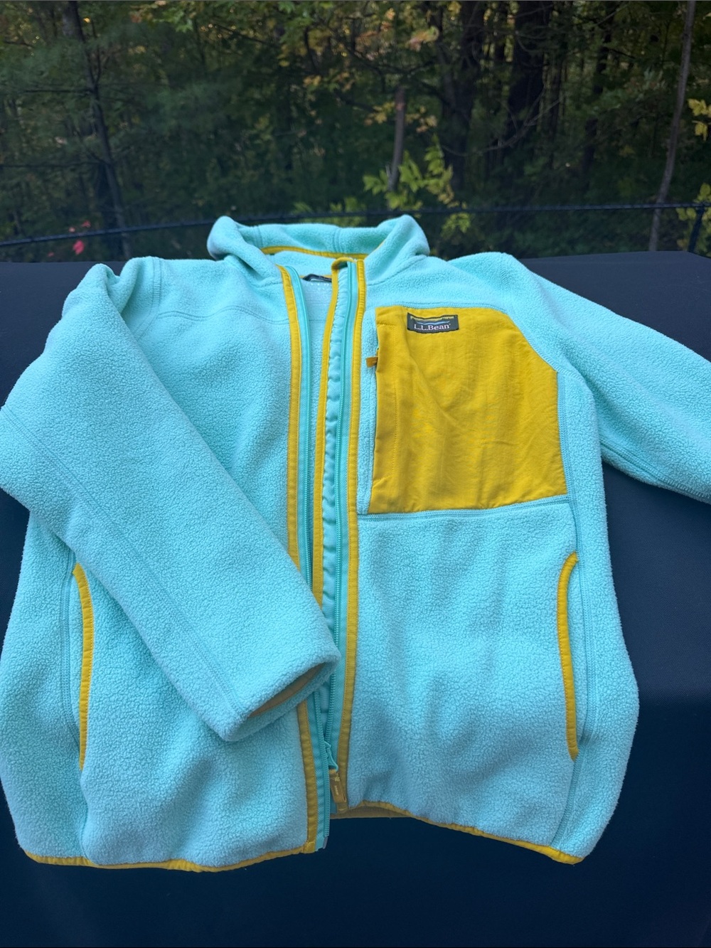 Women’s Small Petite LL Bean Aqua Fleece Jacket with Yellow Chest Pocket